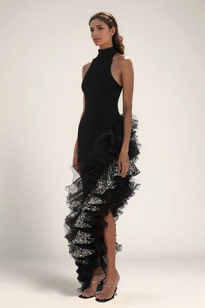 Negro Con Volantes Malla Asimétrico Vestido de Fiesta