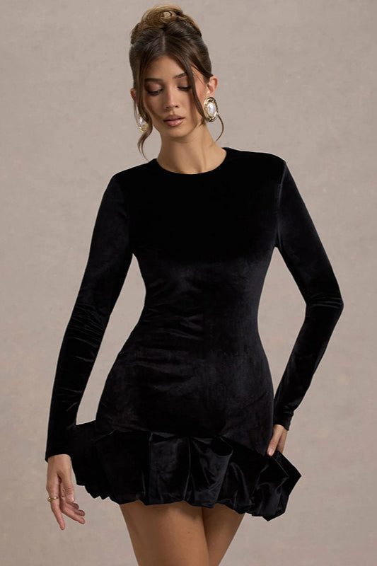 Vestido Midi de Terciopelo, Cuello Redondo, Fruncido