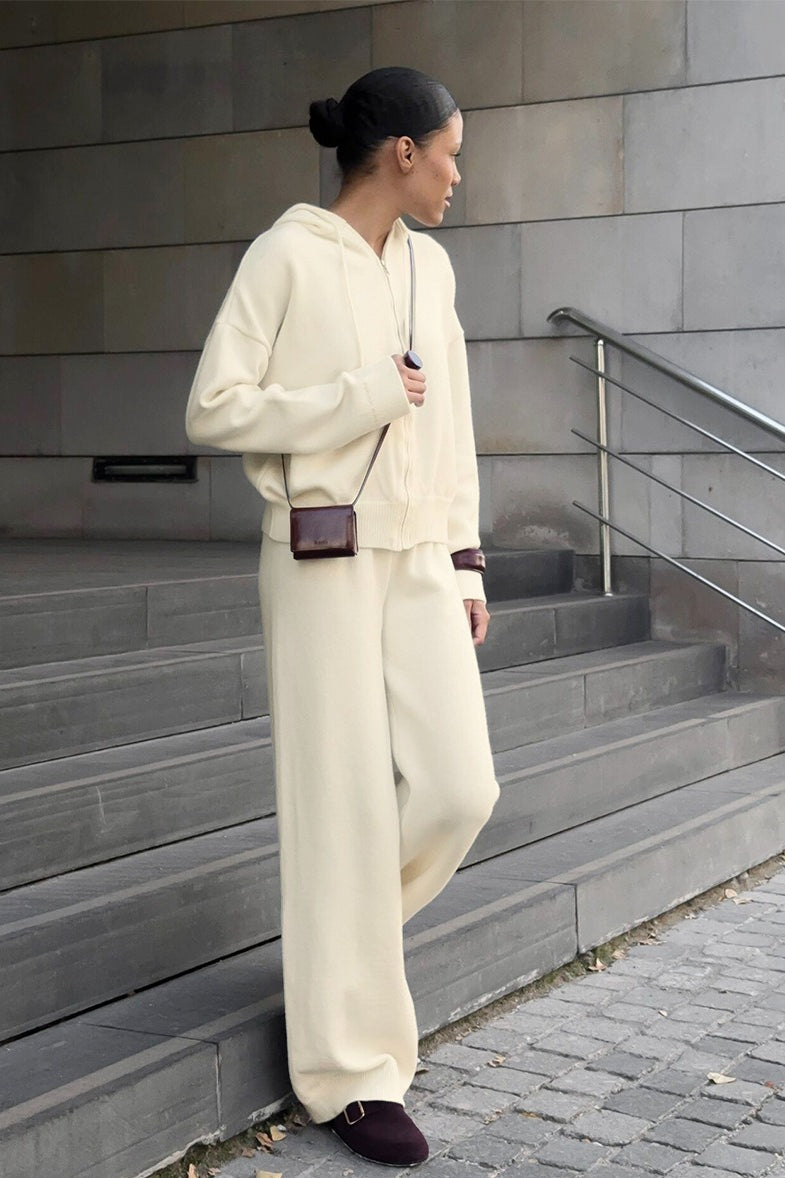Hooded Zip Cardigan Wide Leg Pants Knit Set