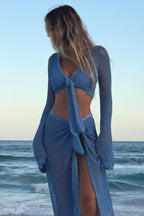 Conjunto de top corto con agujero y falda de punto estilo playero