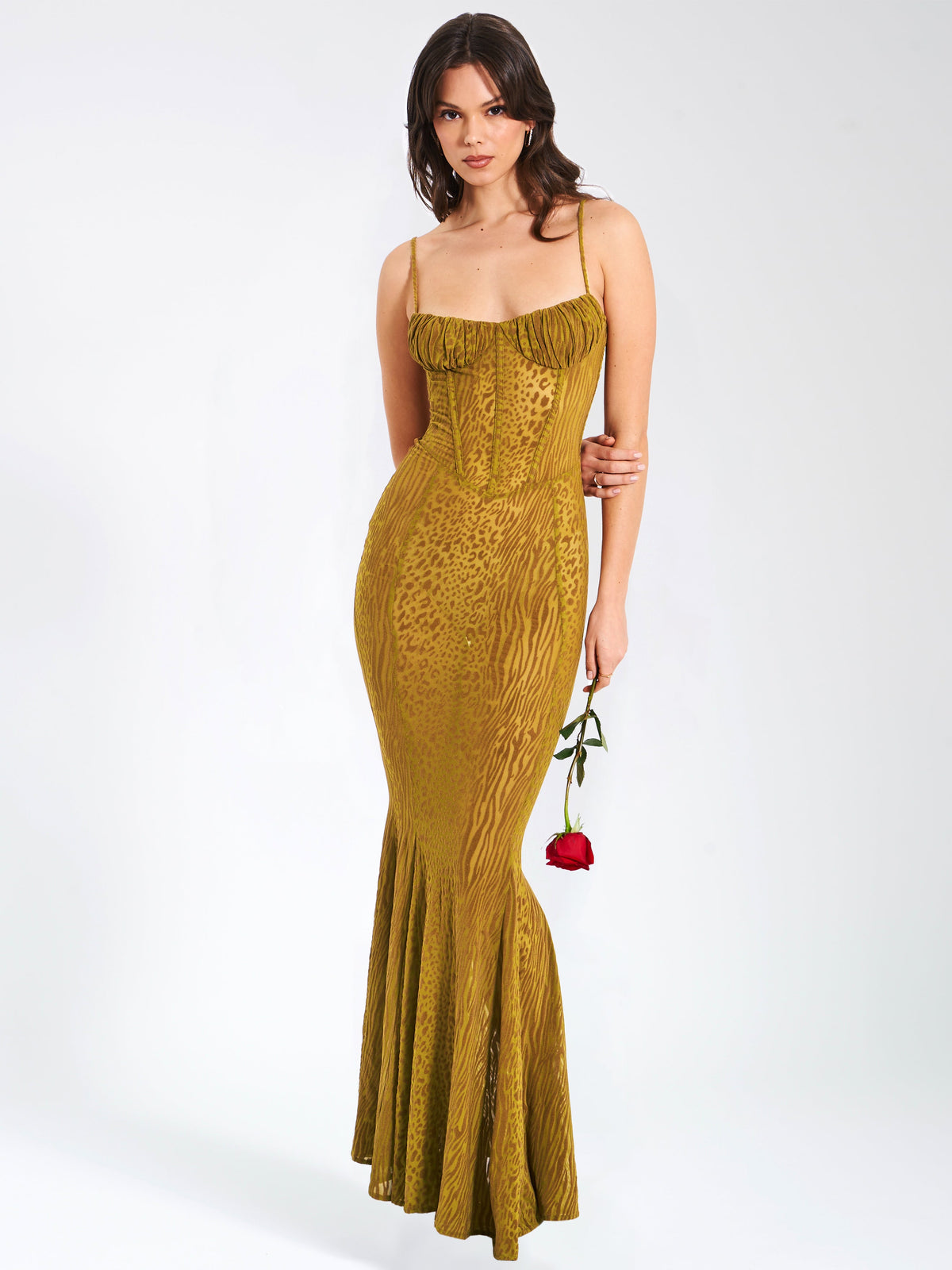 Ulani Dorado Terciopelo Devoré Detalle Elegante Malla Vestido Maxi