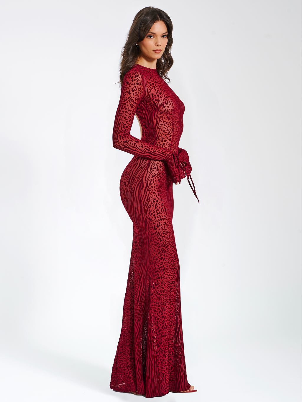 Waylynn Borgoña Terciopelo Devoré Detalle Elegante Malla Espalda Descubierta Vestido Maxi