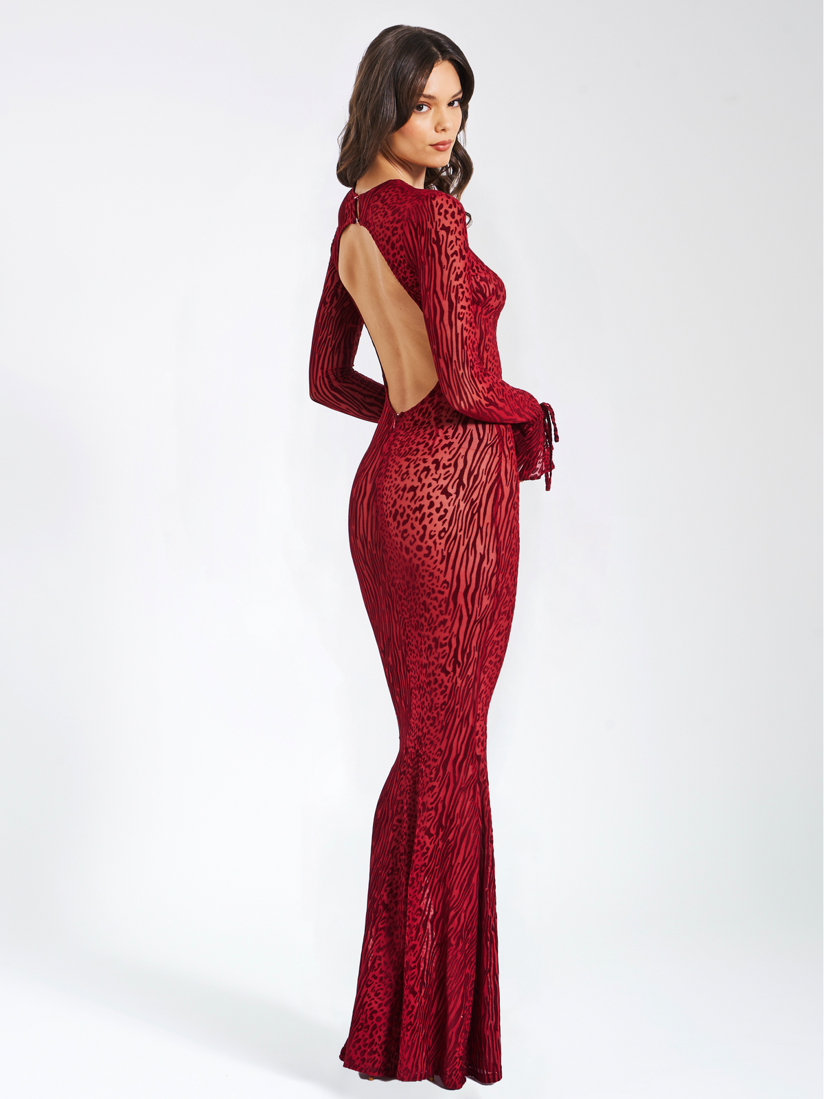 Waylynn Borgoña Terciopelo Devoré Detalle Elegante Malla Espalda Descubierta Vestido Maxi
