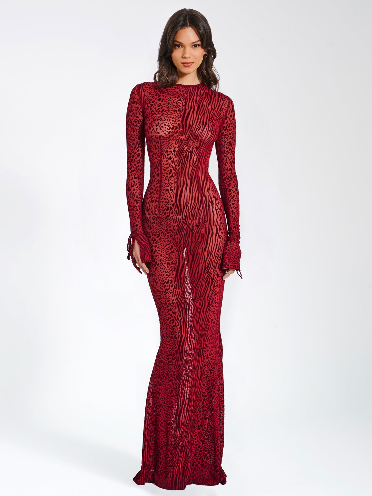 Waylynn Borgoña Terciopelo Devoré Detalle Elegante Malla Espalda Descubierta Vestido Maxi