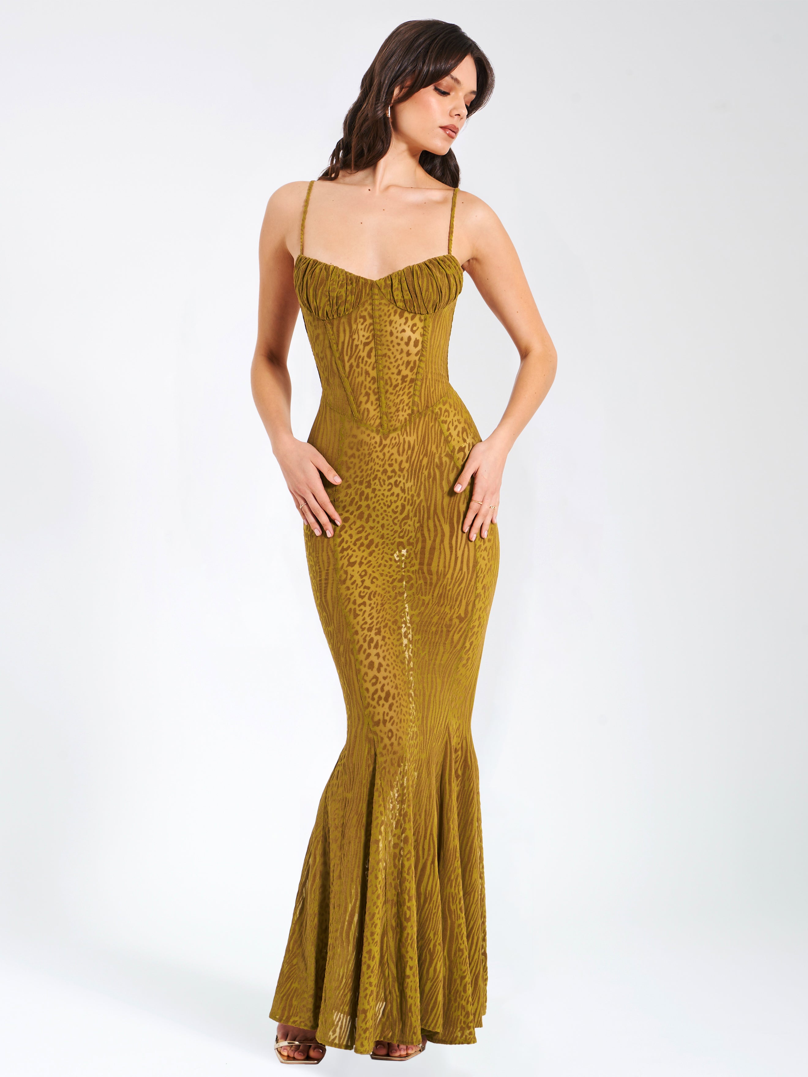 Ulani Dorado Terciopelo Devoré Detalle Elegante Malla Vestido Maxi