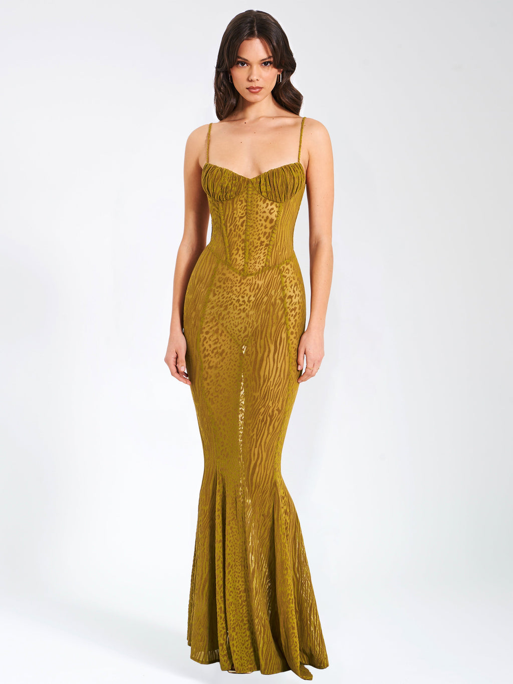 Ulani Dorado Terciopelo Devoré Detalle Elegante Malla Vestido Maxi