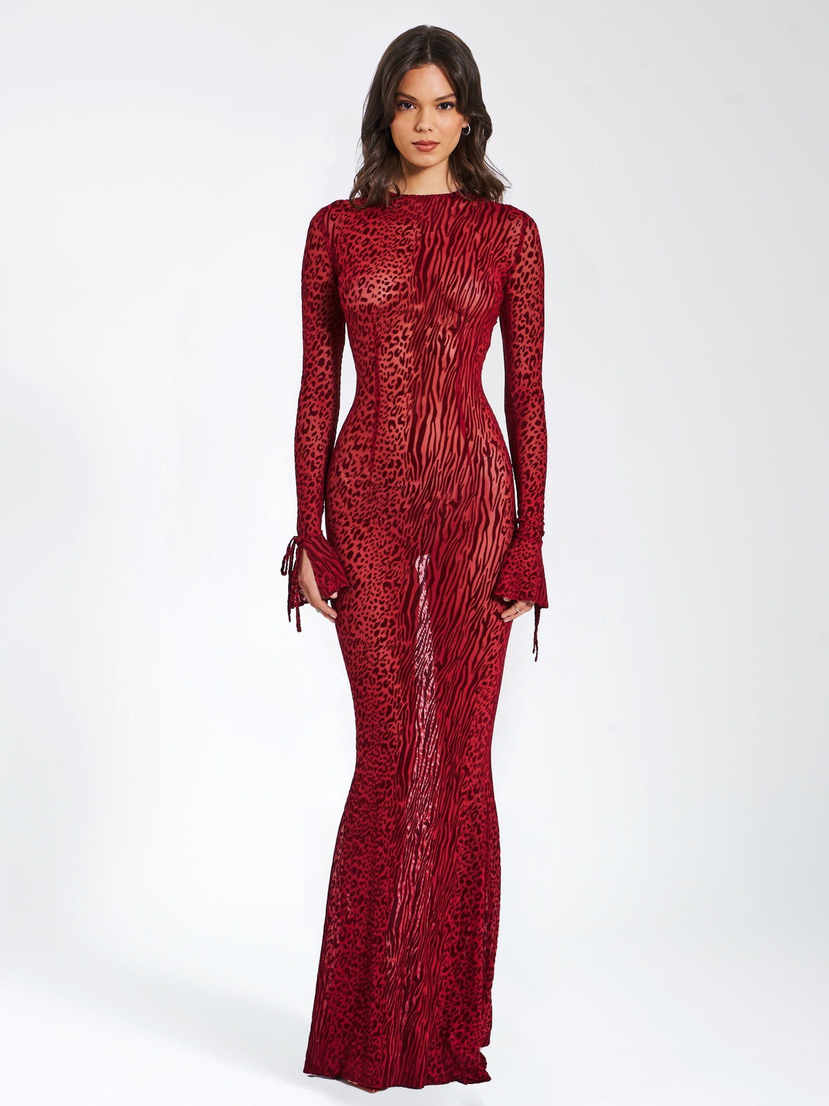 Waylynn Borgoña Terciopelo Devoré Detalle Elegante Malla Espalda Descubierta Vestido Maxi
