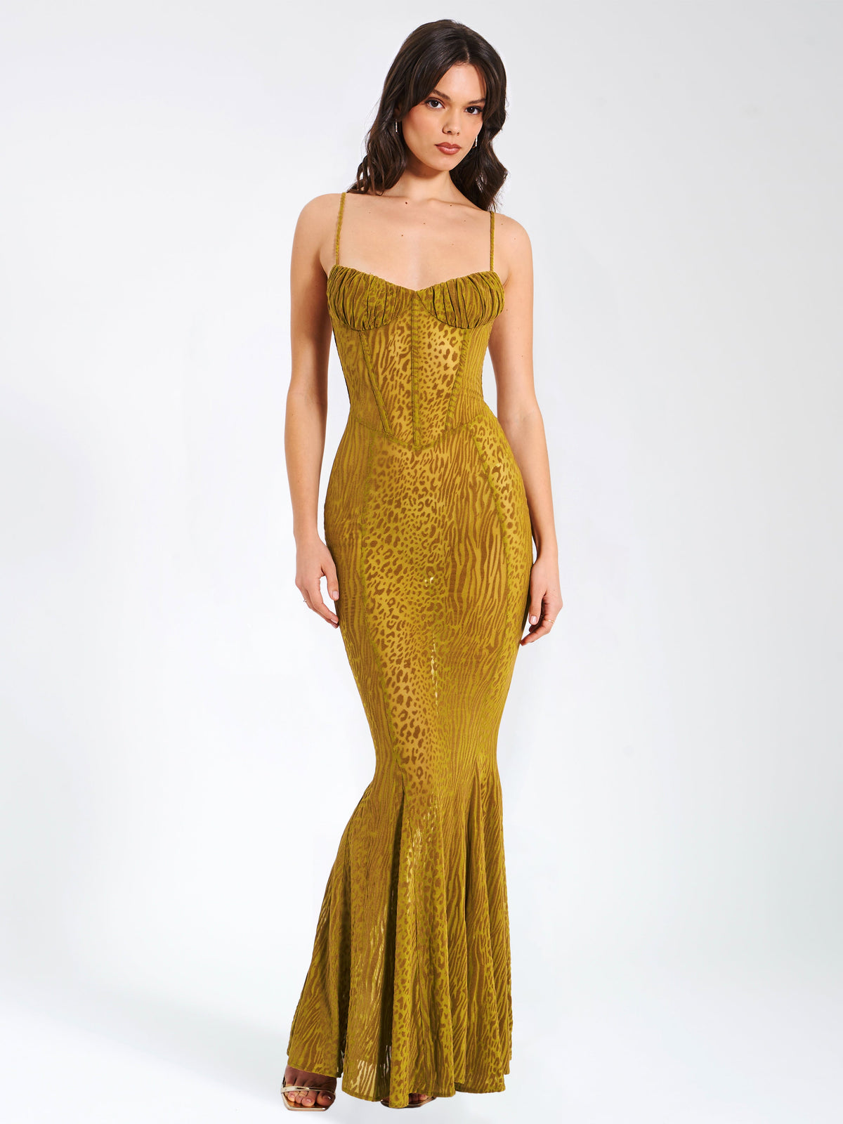 Ulani Dorado Terciopelo Devoré Detalle Elegante Malla Vestido Maxi