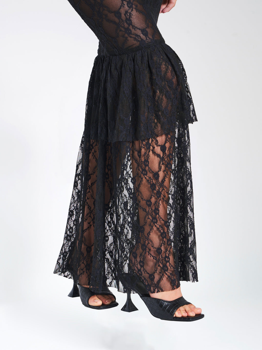 Quennell Negro Encaje Encantador Corsé Vestido Maxi