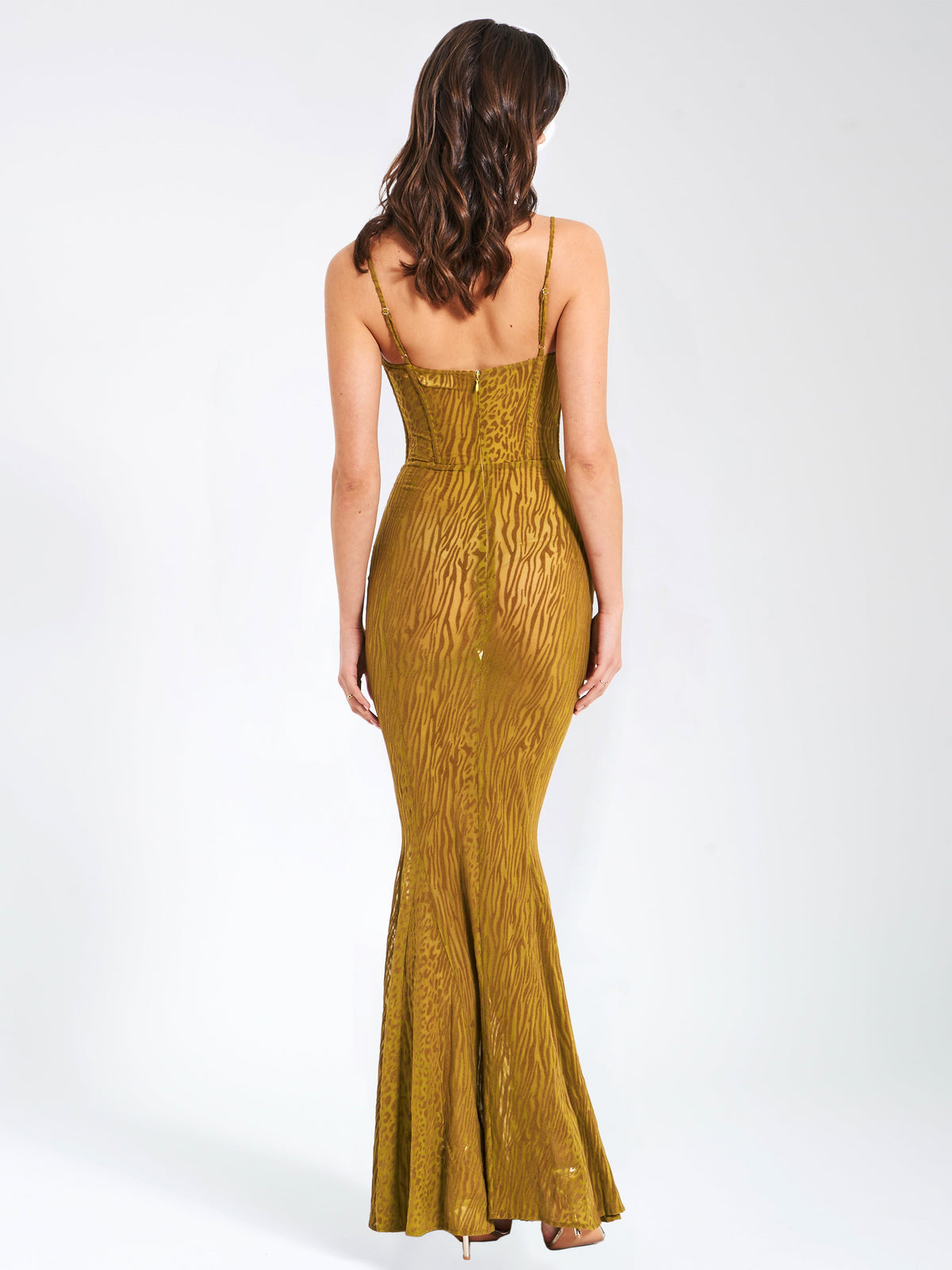Ulani Dorado Terciopelo Devoré Detalle Elegante Malla Vestido Maxi