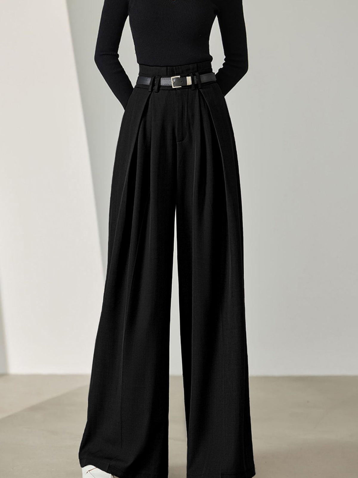 Solid Belted Pleated Trendy Wide Leg Pants