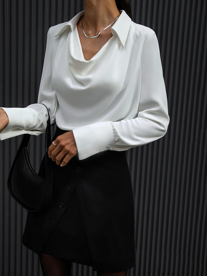 Escote en V Plisado Elegante Manga Larga Blusa
