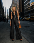 Adeline | Vestido negro de gasa con escote en V, sin mangas, con cremallera, plisado y pantalones palazzo
