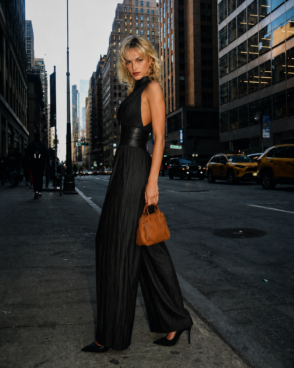 Adeline | Vestido negro de gasa con escote en V, sin mangas, con cremallera, plisado y pantalones palazzo