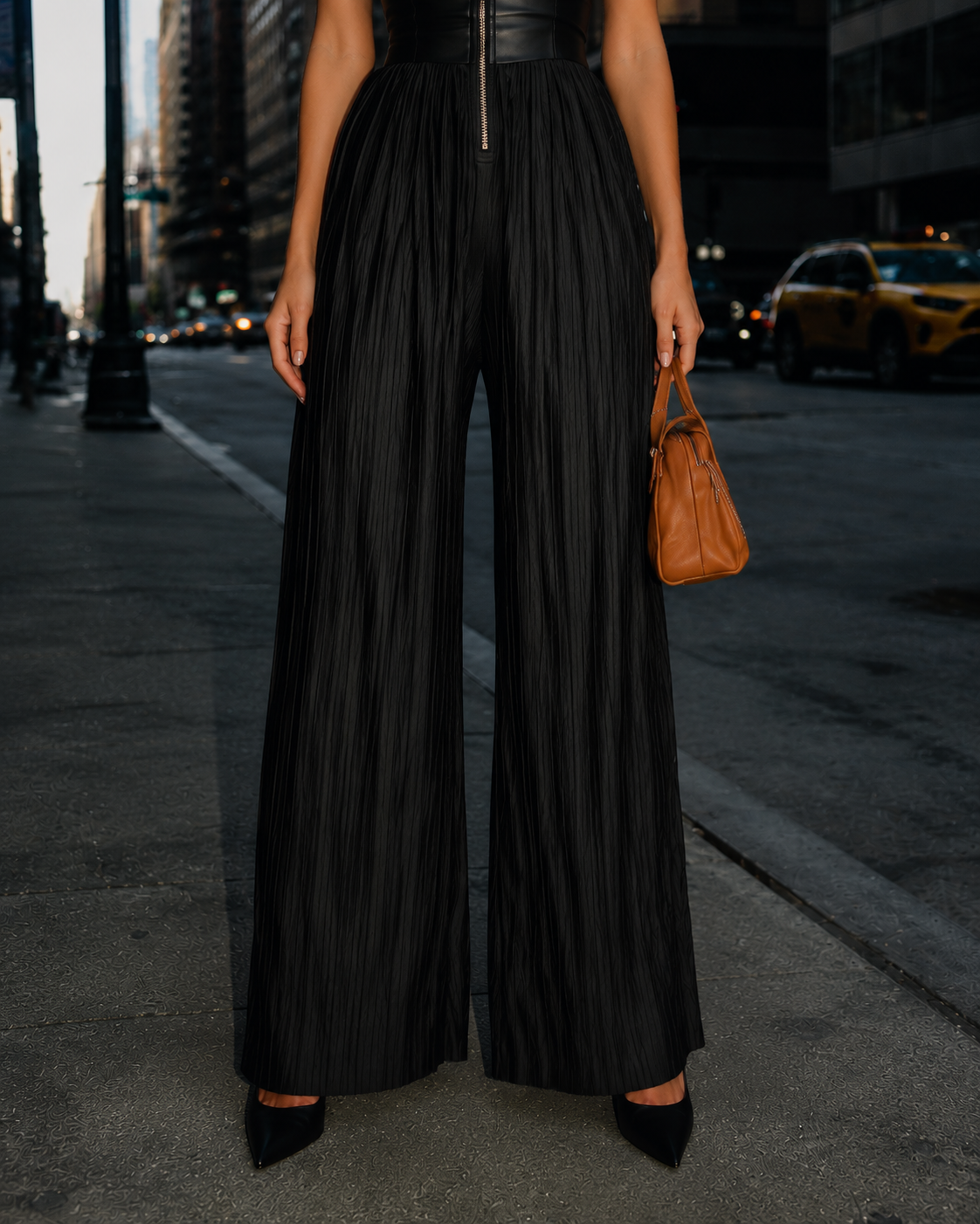 Adeline | Vestido negro de gasa con escote en V, sin mangas, con cremallera, plisado y pantalones palazzo