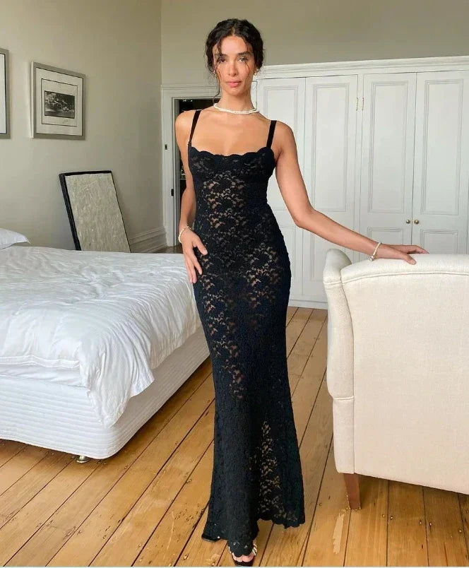 Elegante Encaje Verano Maxi Sexy Tiras Finas Sin Mangas Transparente Vestido de Fiesta