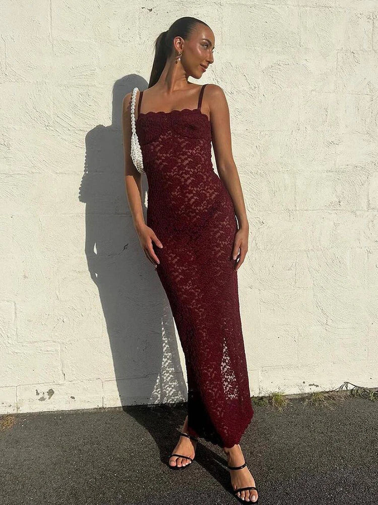 Elegante Encaje Verano Maxi Sexy Tiras Finas Sin Mangas Transparente Vestido de Fiesta