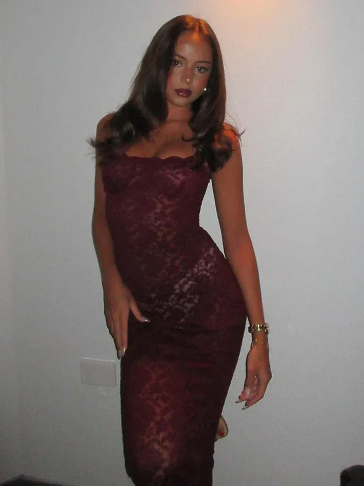 Elegante Encaje Verano Maxi Sexy Tiras Finas Sin Mangas Transparente Vestido de Fiesta