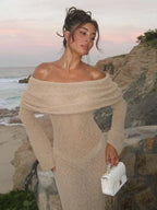 Con Estilo De Punto Transparente Playa Con Calados Hombros Descubiertos Elegante Manga Larga Vestido Maxi