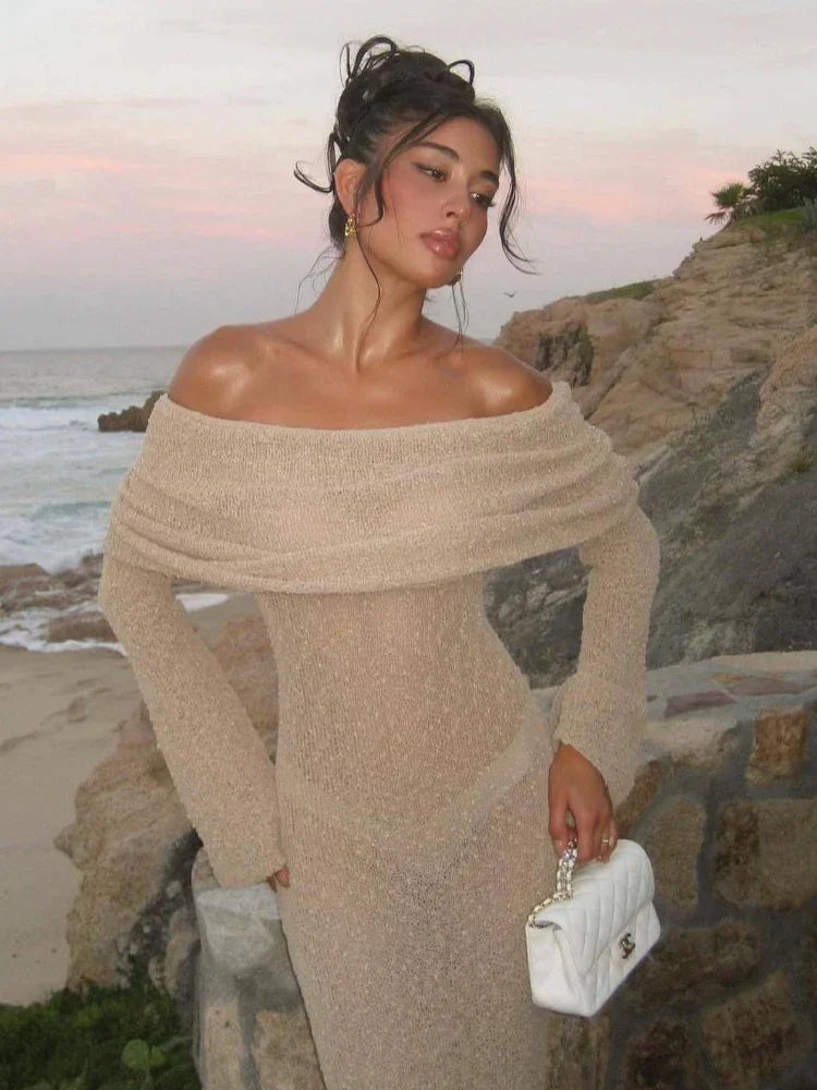 Con Estilo De Punto Transparente Playa Con Calados Hombros Descubiertos Elegante Manga Larga Vestido Maxi