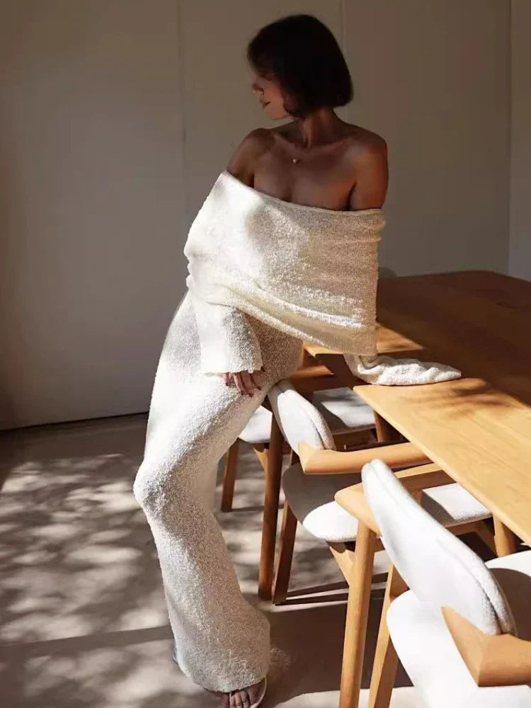 Con Estilo De Punto Transparente Playa Con Calados Hombros Descubiertos Elegante Manga Larga Vestido Maxi