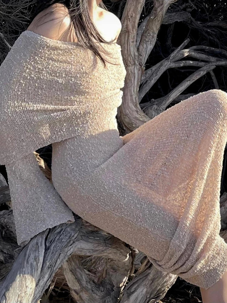Con Estilo De Punto Transparente Playa Con Calados Hombros Descubiertos Elegante Manga Larga Vestido Maxi