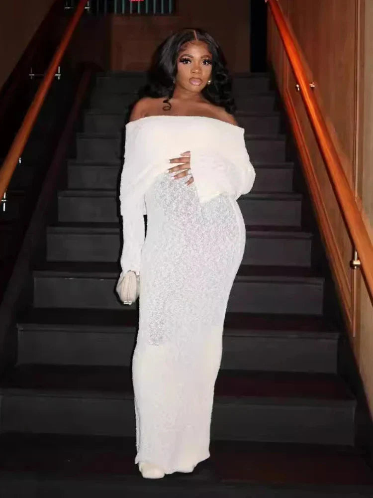 Con Estilo De Punto Transparente Playa Con Calados Hombros Descubiertos Elegante Manga Larga Vestido Maxi