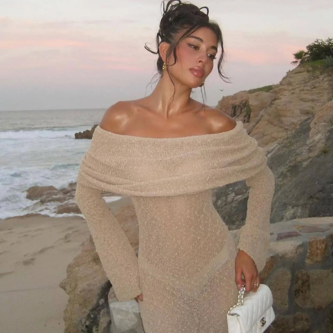 Con Estilo De Punto Transparente Playa Con Calados Hombros Descubiertos Elegante Manga Larga Vestido Maxi