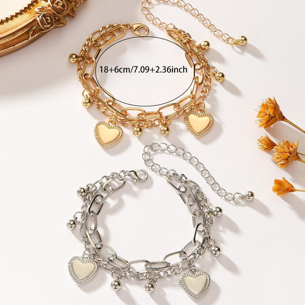 Chic Cadera Hop Heart Doble Capa Apilable Pulsera de Cadena