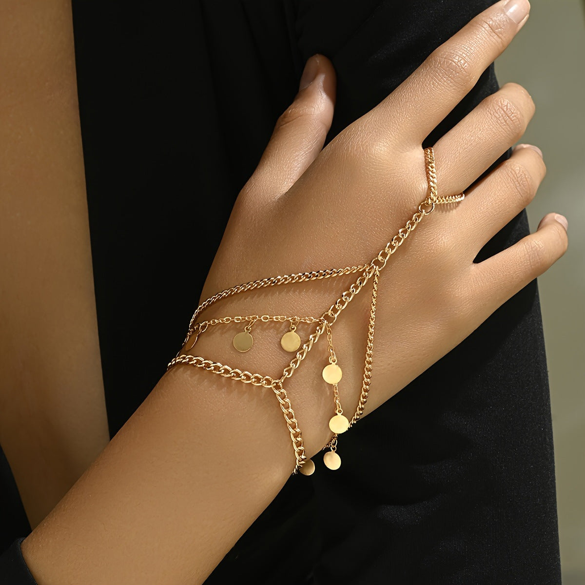 En Capas Metal Disco y Con Cadena Pulsera-Anillo