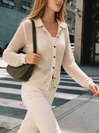 Collared Openwork Mesh Button Cardigans