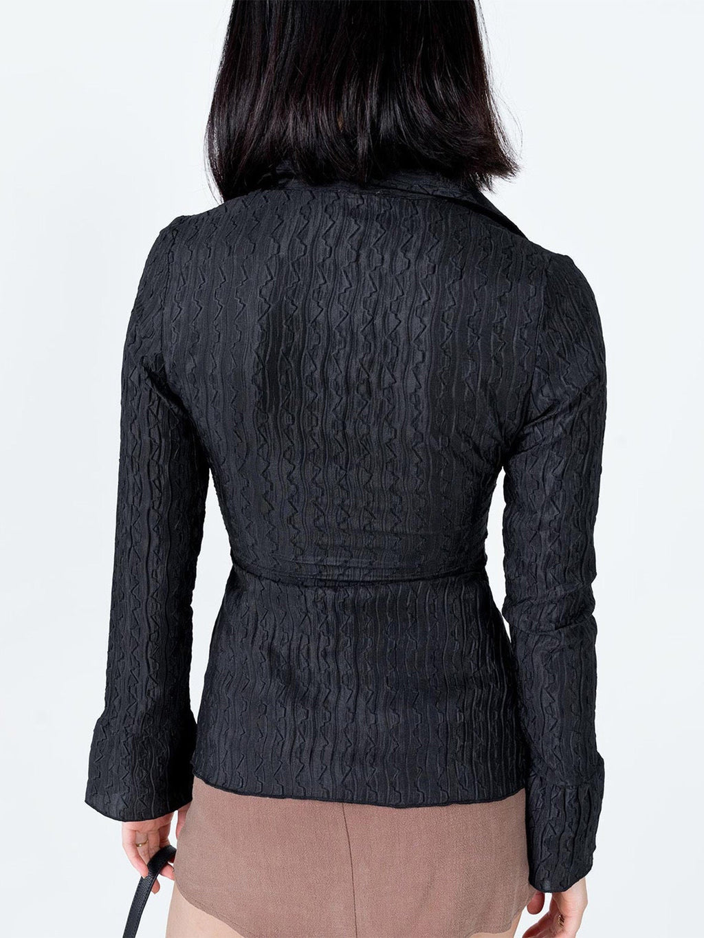 Black Lapel Waist Cinched Flare Sleeve Blouse