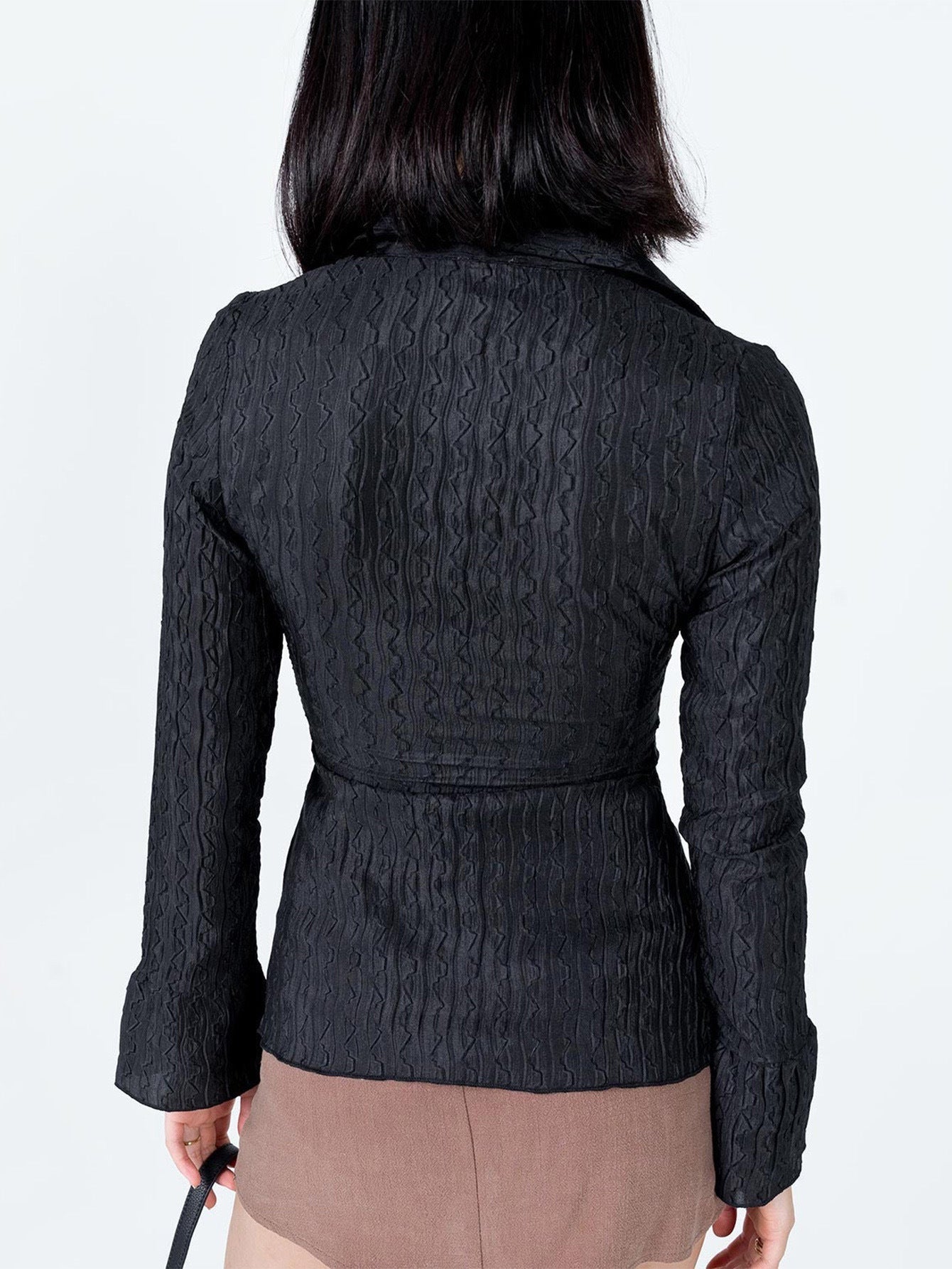 Black Lapel Waist Cinched Flare Sleeve Blouse