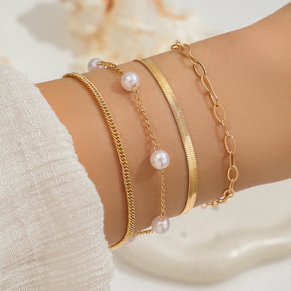 4-Pieza Bohemio Tipo Clip Perla Sintética Cadena Tipo Serpiente Conjunto de Pulsera