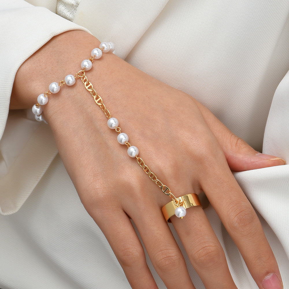 Bohemio Style Perla Con Detalle de Con Cadena Pulsera-Anillo