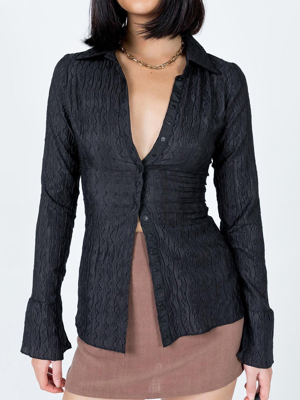 Black Lapel Waist Cinched Flare Sleeve Blouse