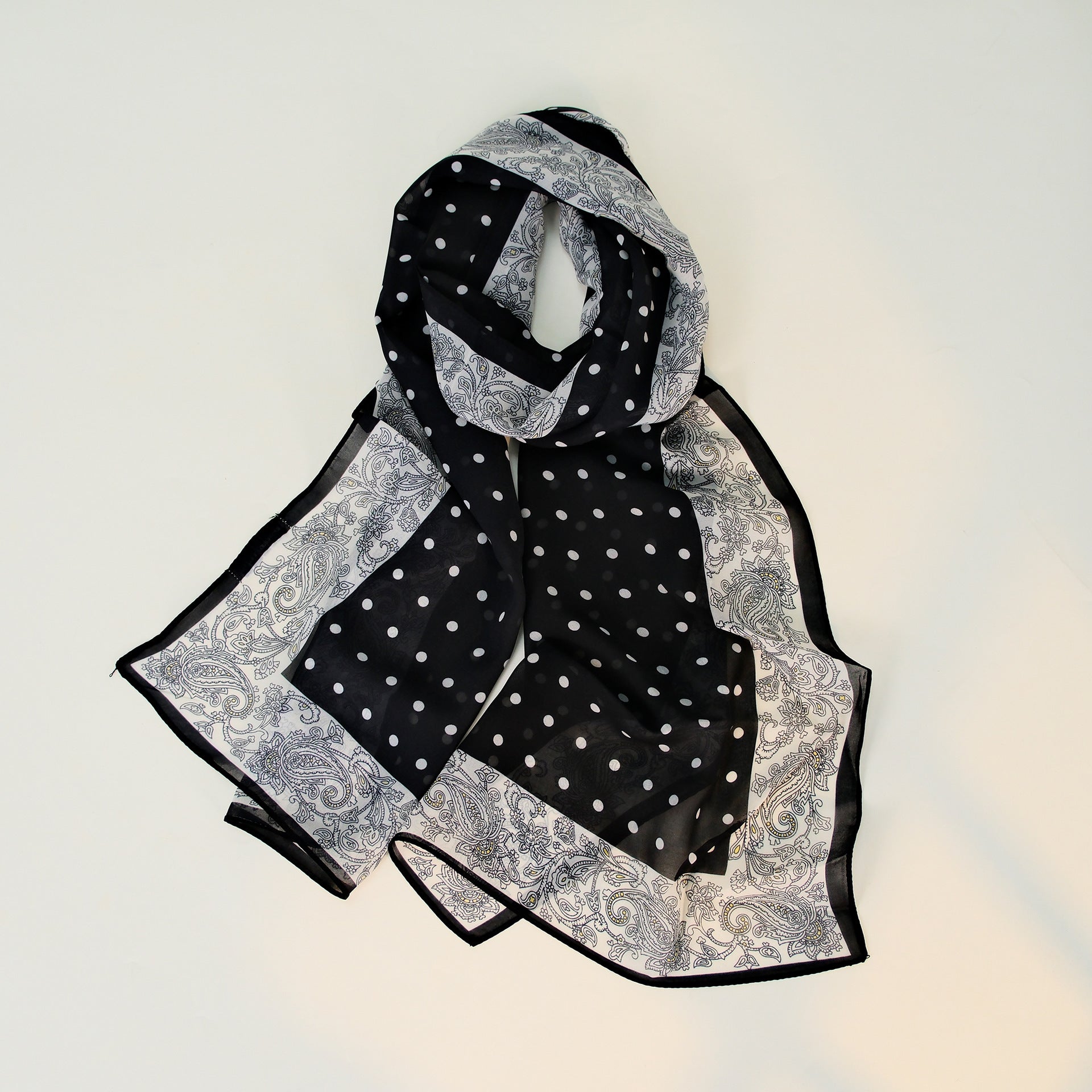 Black White Paisley Polka Dot Long Chiffon Scarf
