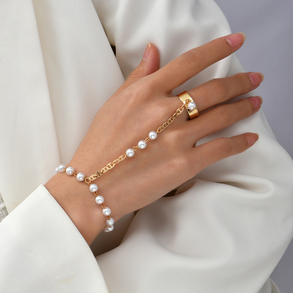 Bohemio Style Perla Con Detalle de Con Cadena Pulsera-Anillo