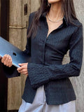 Black Lapel Waist Cinched Flare Sleeve Blouse