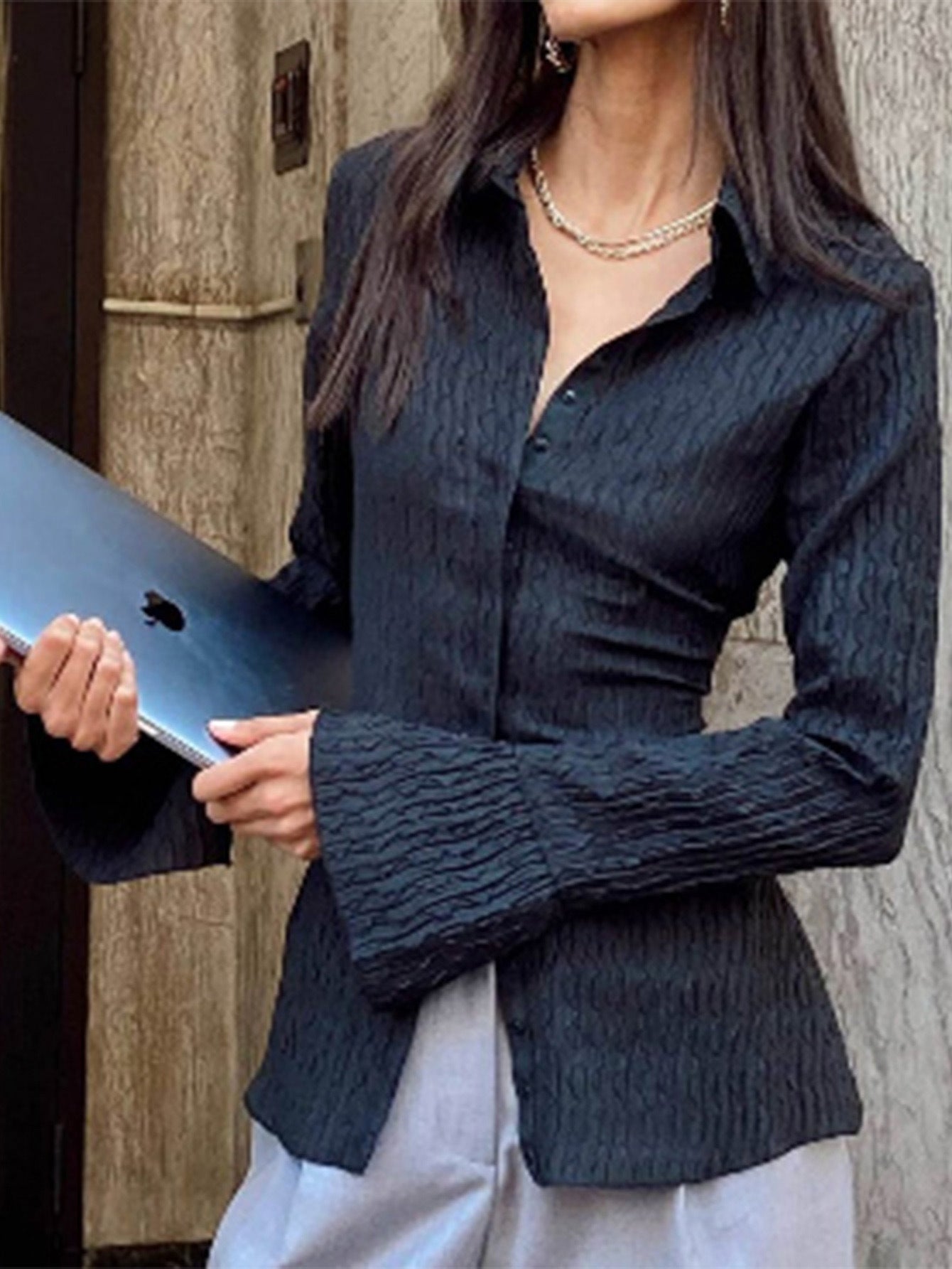 Black Lapel Waist Cinched Flare Sleeve Blouse