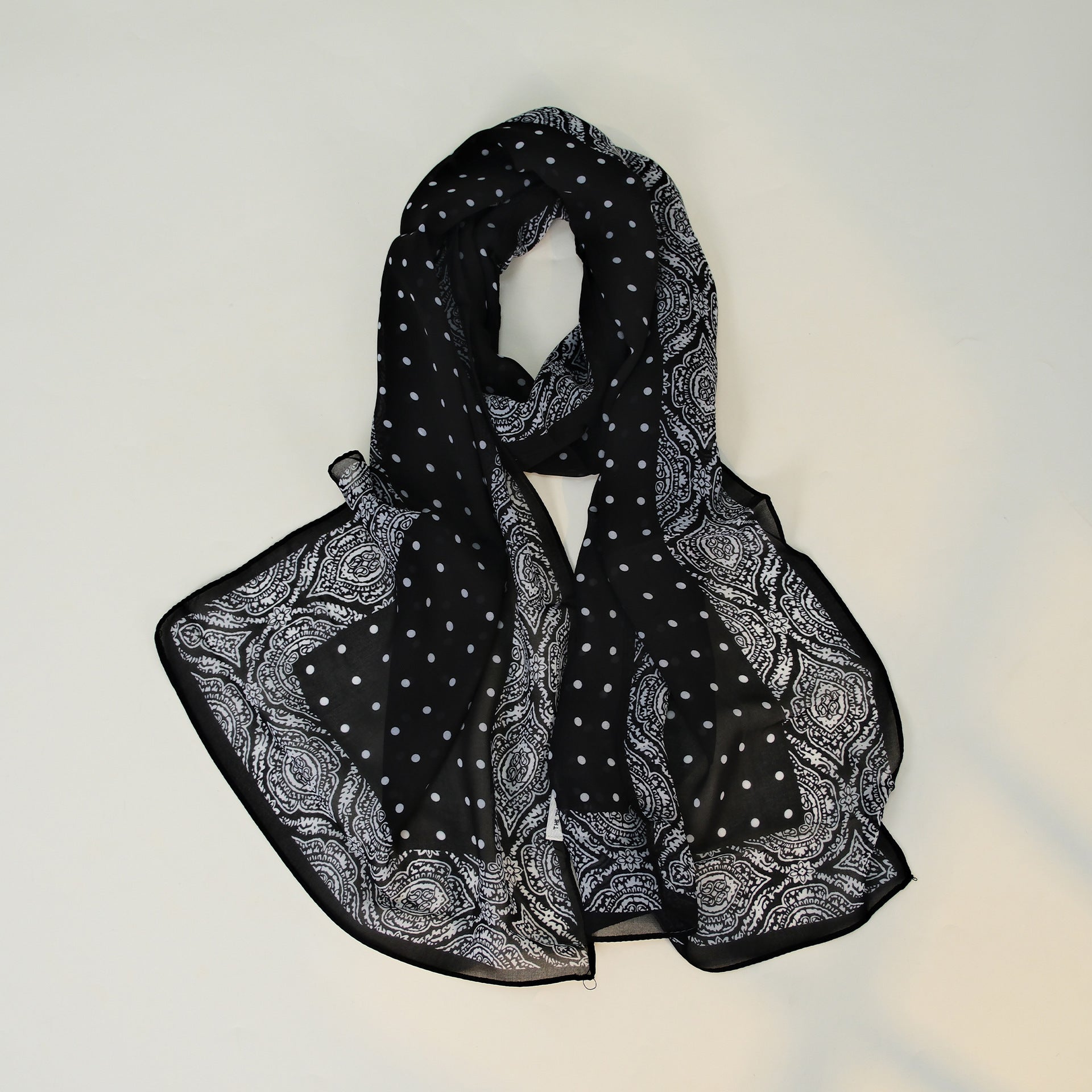 Black White Paisley Polka Dot Long Chiffon Scarf
