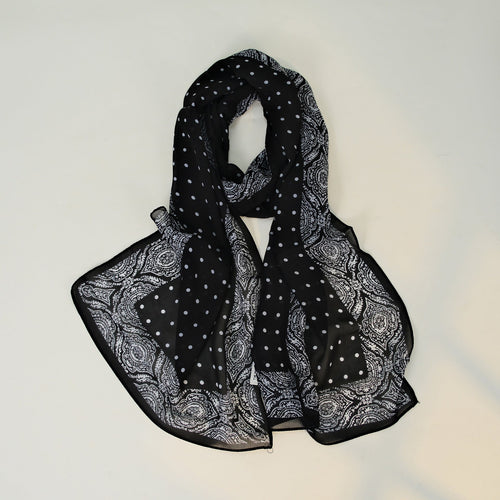 Black White Paisley Polka Dot Long Chiffon Scarf