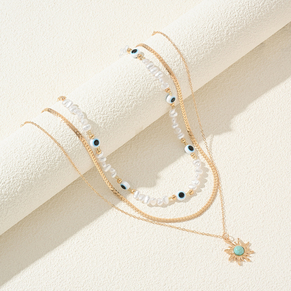 Largo Perla Estrella Octagrama Pendant En Capas Collar