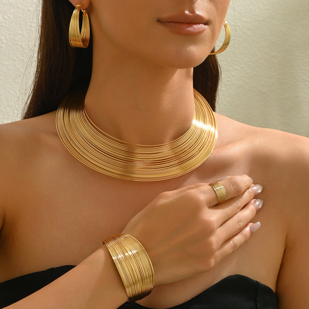 5 Pieza Multicapa Metal Conjunto de Pulsera, Anillo, Aretes y Collar
