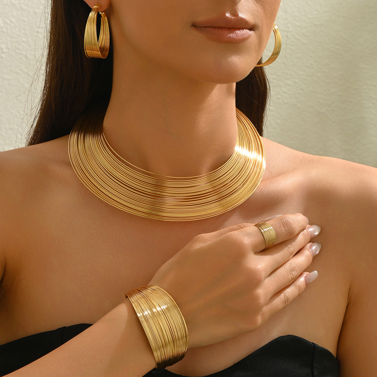 5 Pieza Multicapa Metal Conjunto de Pulsera, Anillo, Aretes y Collar