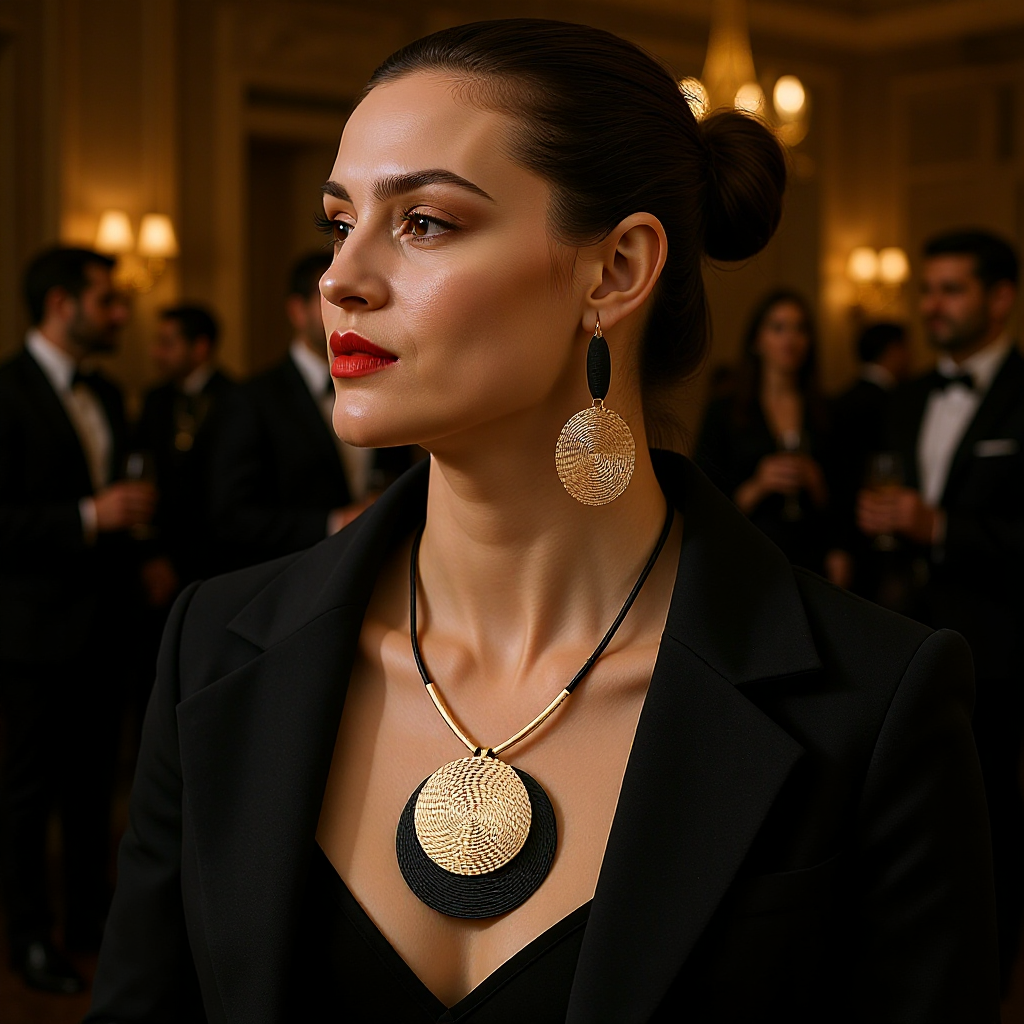 3-Pieza Large Round Disco Pendant Aretes Statement & Collar Set