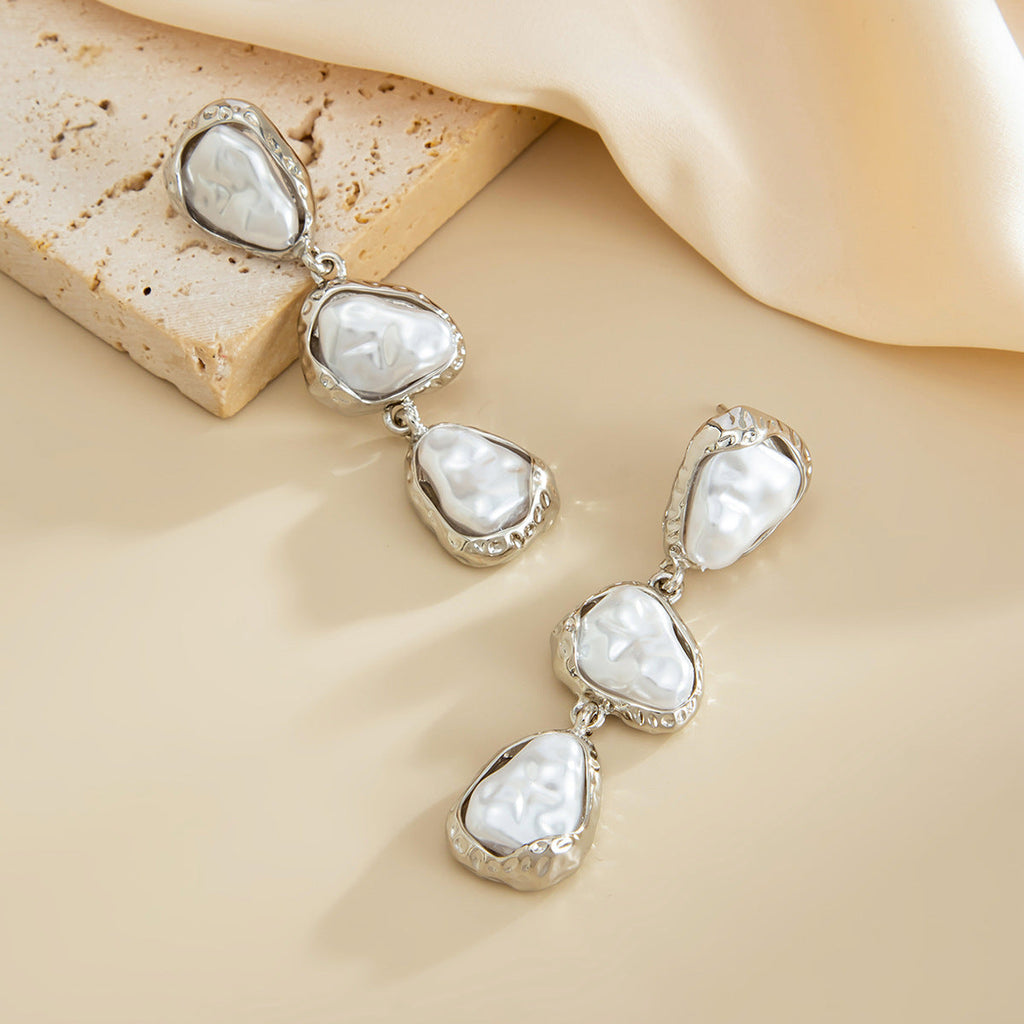 Retro Irregular Perla Sintética Largo Metal Geométrico Aretes