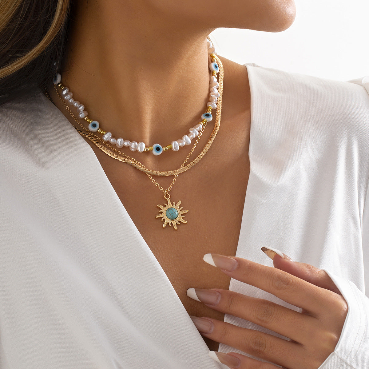 Largo Perla Estrella Octagrama Pendant En Capas Collar