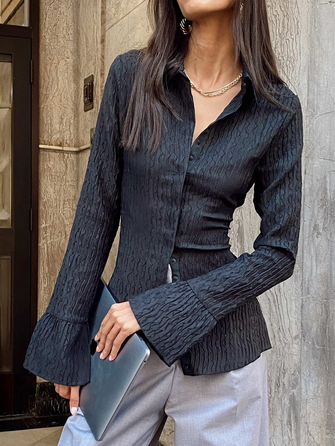 Black Lapel Waist Cinched Flare Sleeve Blouse