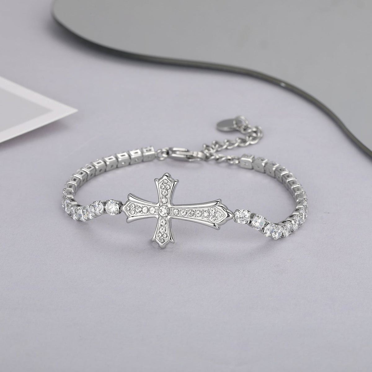 Brillante Completo Circón Cruz Acero de Titanio Inalterable Pulsera de Cadena